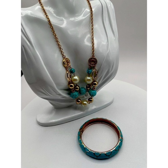 Turquoise & Gold Tone Beaded Necklace & Bangle Set - Faux Pearl & Crystal N43 - Picture 3 of 7